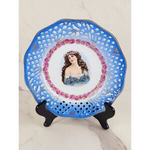 Lady Portrait Wall Decor Articulated Plate Porcelain 9" Gold Trim Blue Vintage